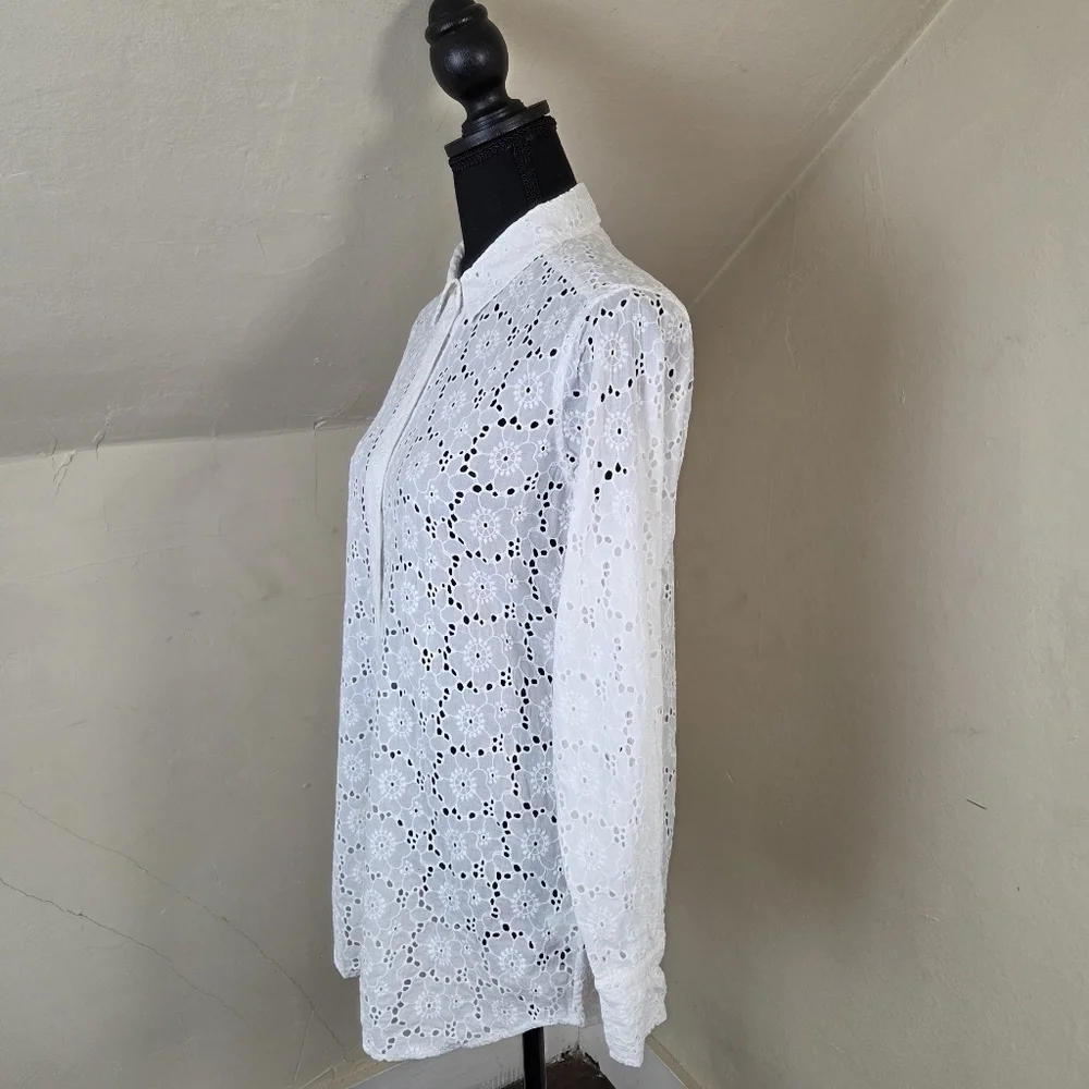 TORY BURCH White Eyelet Cotton‎ Hidden Placket Shirt Size XS